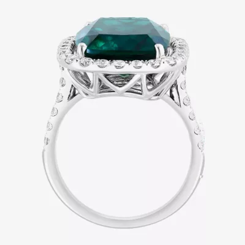 Effy Final Call Womens 1 CT. T.W. Lab Created Green Emerald 14K White Gold Halo Side Stone Cocktail Ring