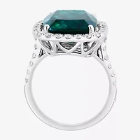 Effy Final Call Womens 1 CT. T.W. Lab Created Green Emerald 14K White Gold Halo Side Stone Cocktail Ring