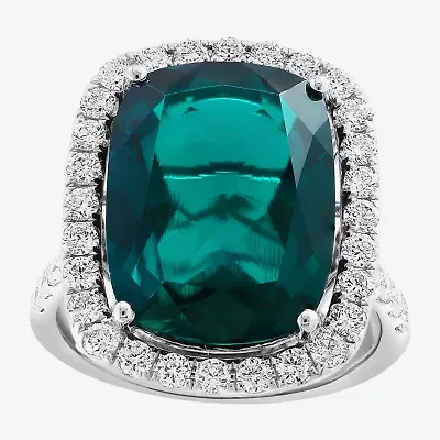 Effy Final Call Womens 1 CT. T.W. Lab Created Green Emerald 14K White Gold Halo Side Stone Cocktail Ring