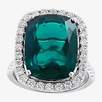 Effy Final Call Womens 1 CT. T.W. Lab Created Green Emerald 14K White Gold Halo Side Stone Cocktail Ring