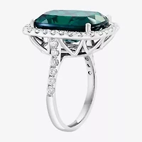 Effy Final Call Womens 1 CT. T.W. Lab Created Green Emerald 14K White Gold Halo Side Stone Cocktail Ring