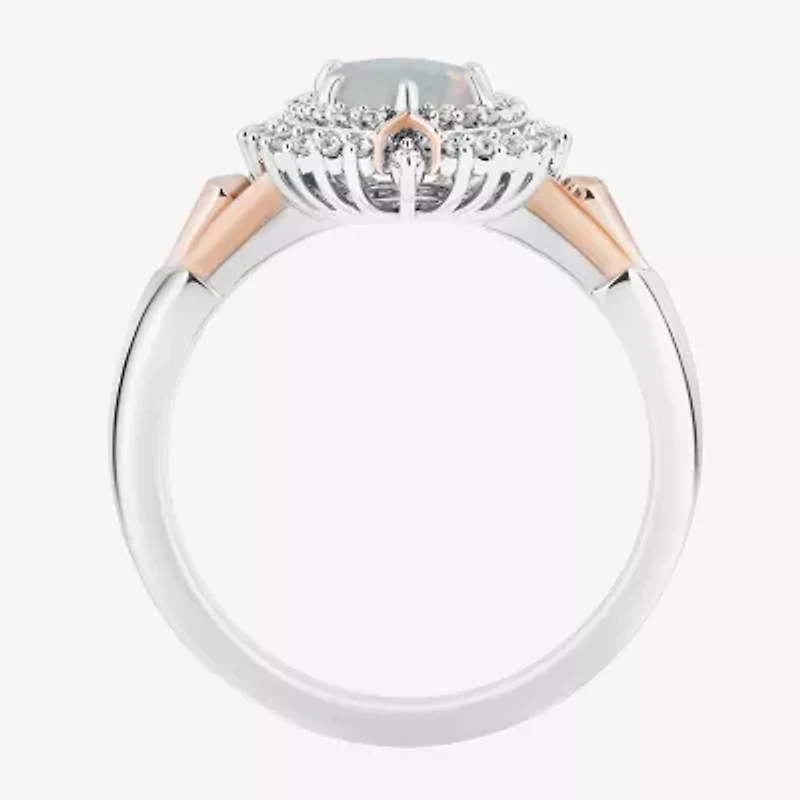 Enchanted Disney Fine Jewelry 10th Anniversary Womens 1/5 CT. Lab Created White Opal 14K Rose Gold Over Silver Sterling Oval Elsa Frozen Halo Cocktail Ring