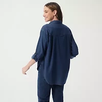 Gloria Vanderbilt Womens Roll Tab Sleeve Long Loose Fit Button-Down Shirt
