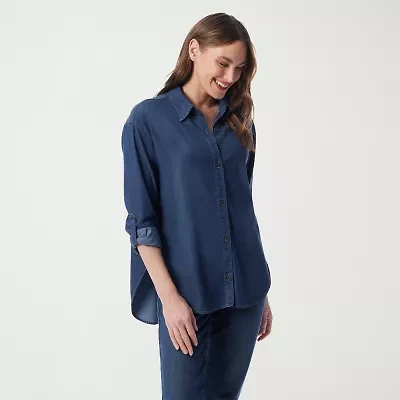 Gloria Vanderbilt Womens Roll Tab Sleeve Long Loose Fit Button-Down Shirt