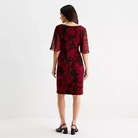 Connected Apparel Womens Elbow Sleeve Floral Sheath Dress