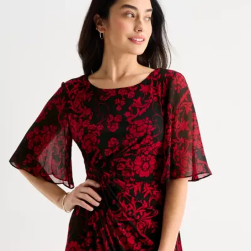 Connected Apparel Womens Elbow Sleeve Floral Sheath Dress