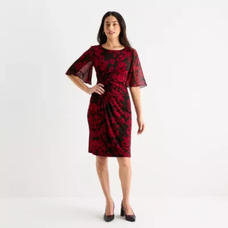 Connected Apparel Womens Elbow Sleeve Floral Sheath Dress