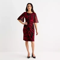 Connected Apparel Womens Elbow Sleeve Floral Sheath Dress