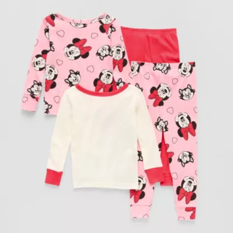 Disney Collection Toddler Girls Minnie Mouse Crew Neck Long Sleeve 4-pc. Pajama Sets