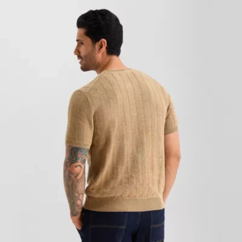 mutual weave Henley Mens Crew Neck Short Sleeve Pullover Sweater
