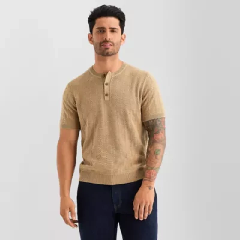 mutual weave Henley Mens Crew Neck Short Sleeve Pullover Sweater