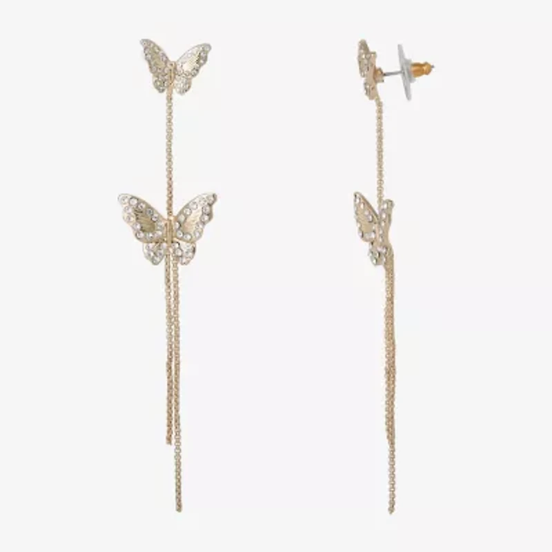 JS Jessica Simpson Gold Tone Womens Crystal Butterfly Drop Earrings