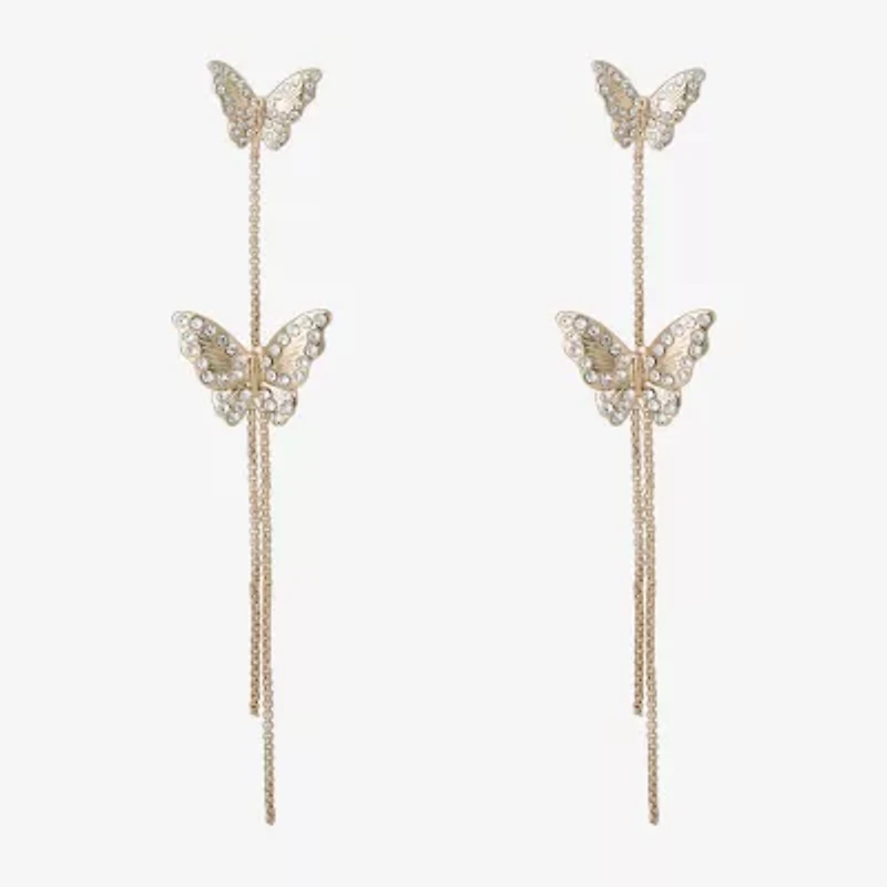 JS Jessica Simpson Gold Tone Womens Crystal Butterfly Drop Earrings
