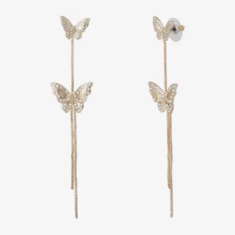 JS Jessica Simpson Gold Tone Womens Crystal Butterfly Drop Earrings