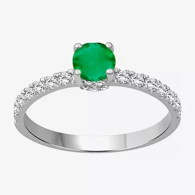 Womens 2 CT. T.W. Genuine Green Emerald 10K White Gold Round Cocktail Ring
