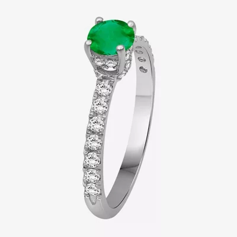 Womens 2 CT. T.W. Genuine Green Emerald 10K White Gold Round Cocktail Ring