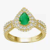 Womens 4 1/6 Ct. T.W. Genuine Green Emerald 10K Gold Pear Halo Cocktail Ring