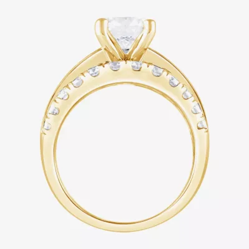 (F / Vs2) Womens 3 1/3 Ct. T.W. Lab Grown White Diamond 10K Gold Round Side Stone Engagement Ring