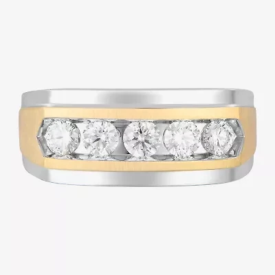 (F, Vs2) Mens 10MM 1 CT. T.W. Lab Grown White Diamond 10K Two Tone Gold Round 5-Stone Wedding Band