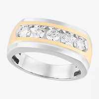 (F, Vs2) Mens 10MM 1 CT. T.W. Lab Grown White Diamond 10K Two Tone Gold Round 5-Stone Wedding Band