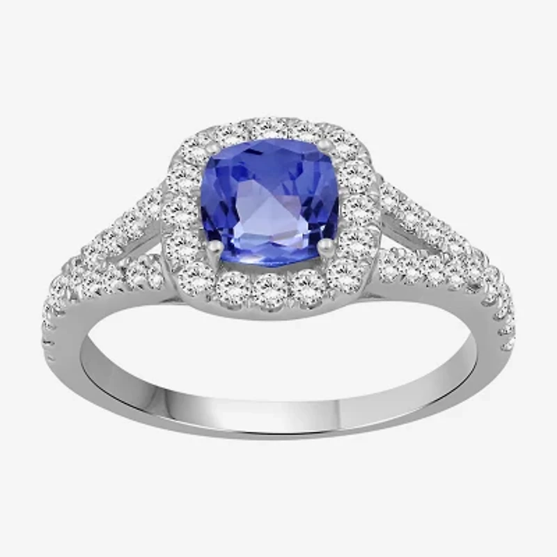 Womens 3 3/8 Ct. T.W. Genuine Blue Tanzanite 10K White Gold Cushion Halo Cocktail Ring