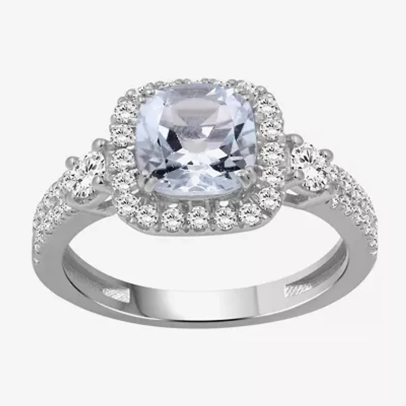 Womens 3 1/2 CT. T.W Genuine Blue Aquamarine 10K White Gold Cushion Halo Cocktail Ring