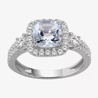 Womens 3 1/2 CT. T.W Genuine Blue Aquamarine 10K White Gold Cushion Halo Cocktail Ring