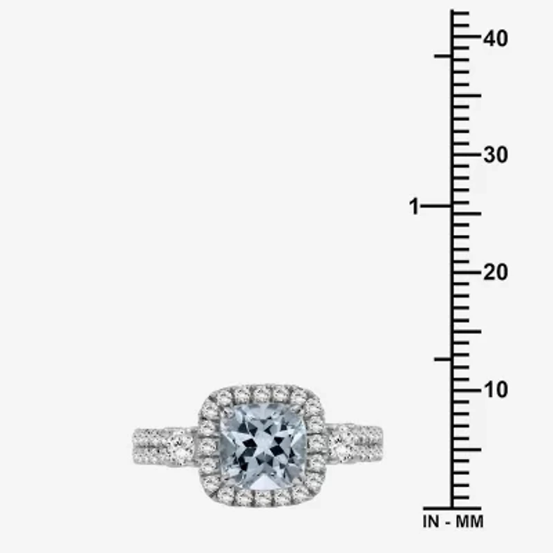 Womens 3 1/2 CT. T.W Genuine Blue Aquamarine 10K White Gold Cushion Halo Cocktail Ring