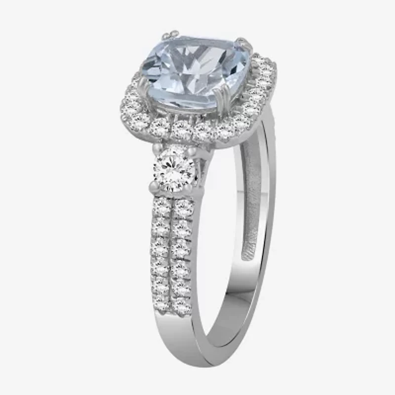 Womens 3 1/2 CT. T.W Genuine Blue Aquamarine 10K White Gold Cushion Halo Cocktail Ring