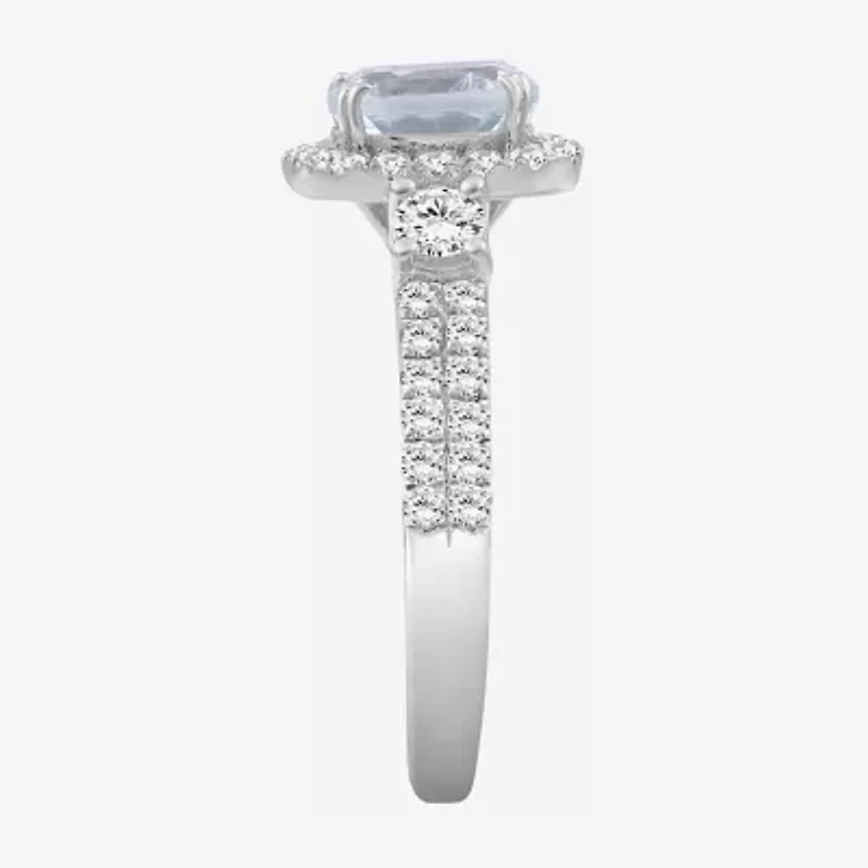 Womens 3 1/2 CT. T.W Genuine Blue Aquamarine 10K White Gold Cushion Halo Cocktail Ring