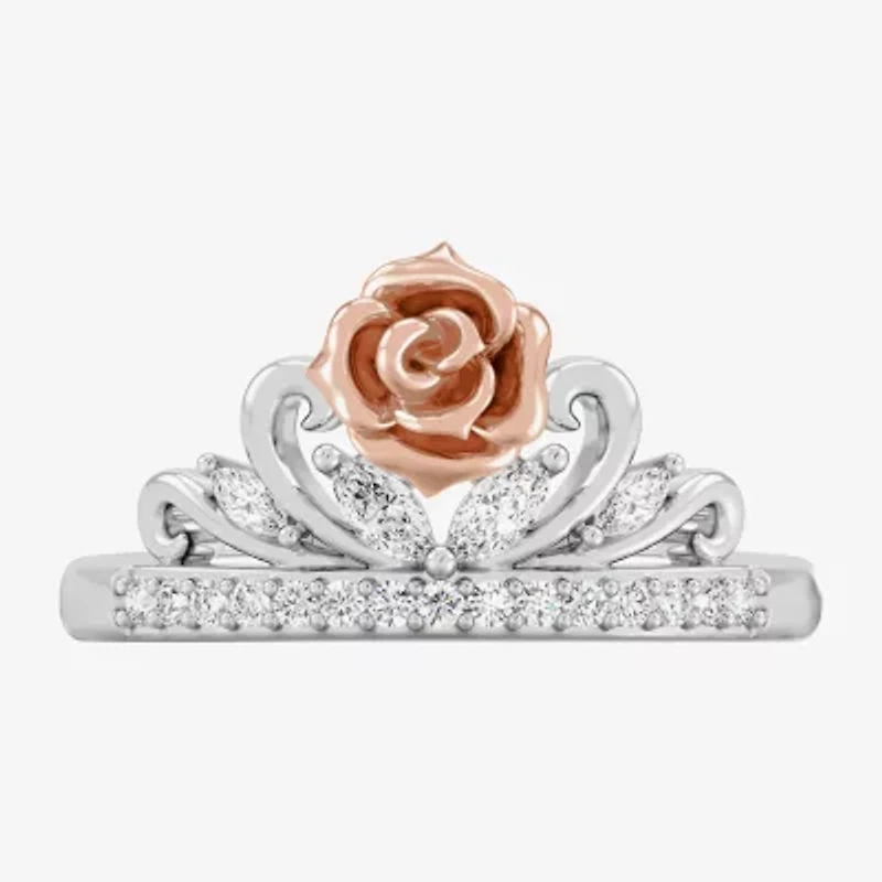 Enchanted Disney Fine Jewelry (I,I2), Belle Womens 1/3 CT. T.W. Lab Grown White Diamond 14K Gold Over Silver Sterling Crown Beauty and the Beast Princess Cocktail Ring