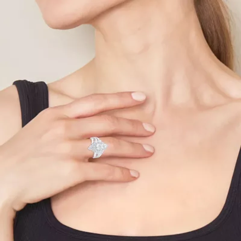 Diamond Blossom (F, Si2) Womens 3 CT. T.W. Lab Grown White Sterling Silver Cluster Cocktail Ring