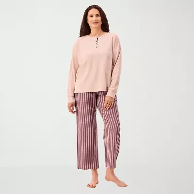 Martha Stewart Womens Waffle Henley Neck Long Sleeve 2-pc. Average Figure Pajama Top