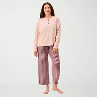 Martha Stewart Womens Waffle Henley Neck Long Sleeve 2-pc. Pajama Top