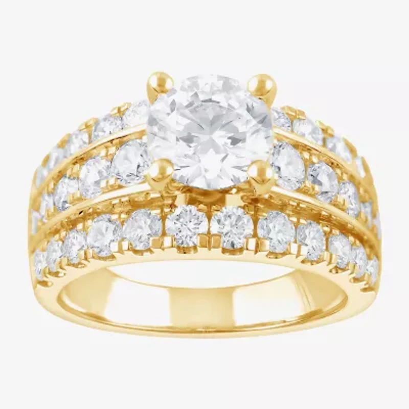 (F / Vs2) Womens 3 1/3 Ct. T.W. Lab Grown White Diamond 10K Gold Round Side Stone Engagement Ring