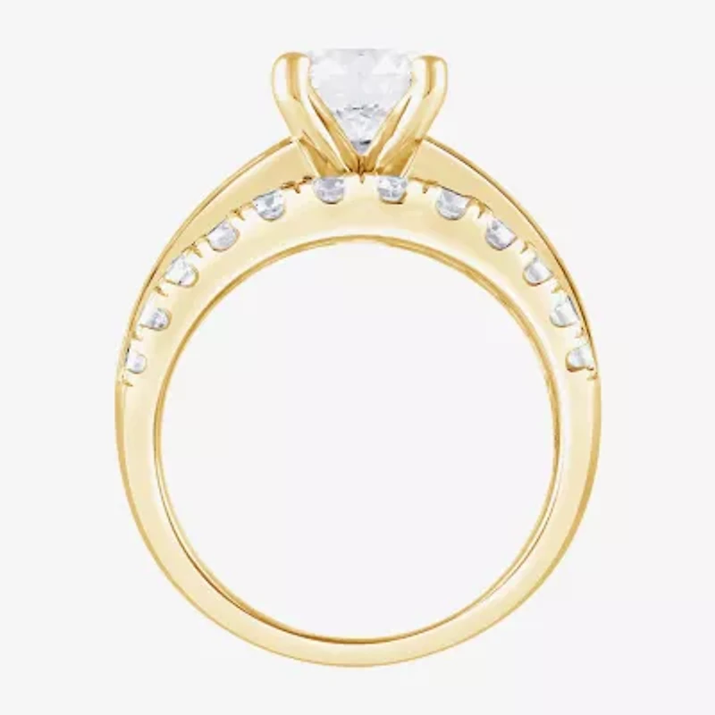 (F / Vs2) Womens 3 1/3 Ct. T.W. Lab Grown White Diamond 10K Gold Round Side Stone Engagement Ring