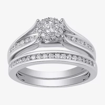 (I, I2) Womens 1/2 CT. T.W. Lab Grown White Diamond Sterling Silver Round Side Stone Halo Bridal Set