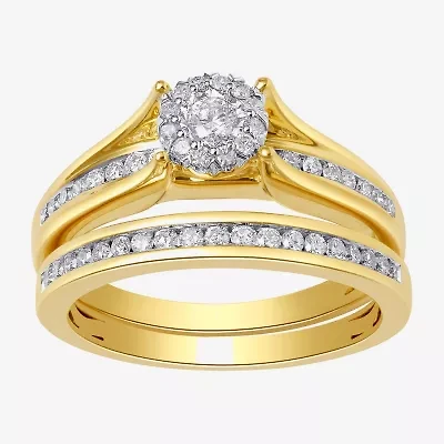 (I, I2) Womens 1/2 CT. T.W. Lab Grown White Diamond 14K Gold Over Silver Round Side Stone Halo Bridal Set