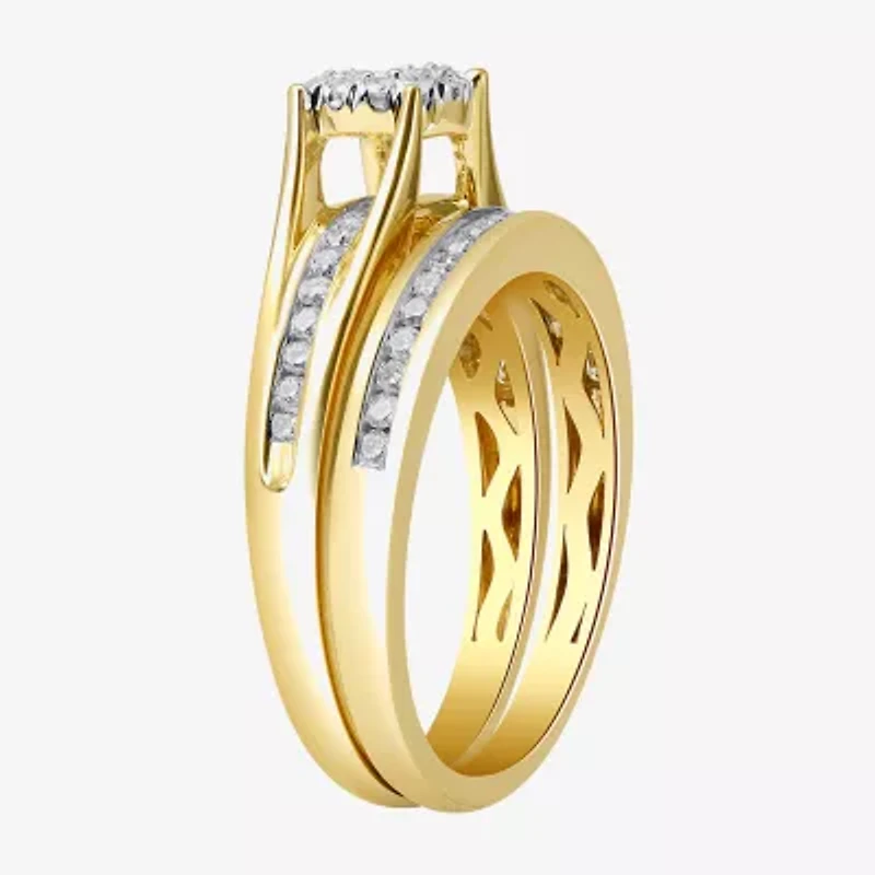 (I, I2) Womens 1/2 CT. T.W. Lab Grown White Diamond 14K Gold Over Silver Round Side Stone Halo Bridal Set