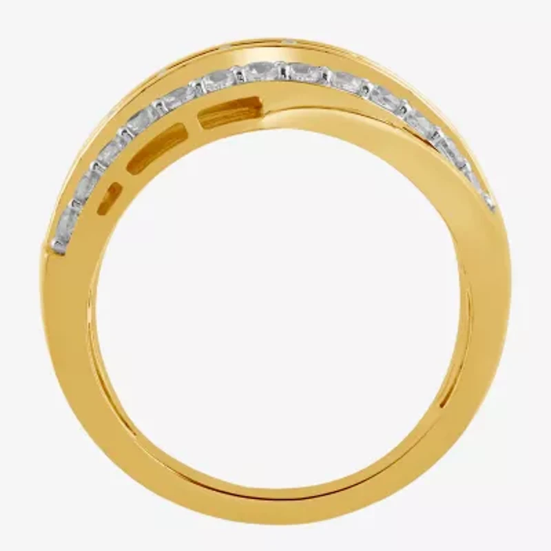I/ I2 Womens 1 CT. T.W. Lab Grown White Diamond 14K Gold Over Silver Round Cluster Crossover Cocktail Ring