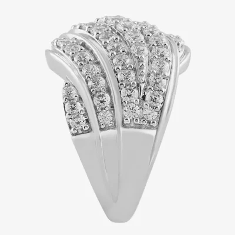 (I / I2) Womens 2 CT.T.W. Lab Grown White Diamond Sterling Silver Round Cluster Crossover Cocktail Ring