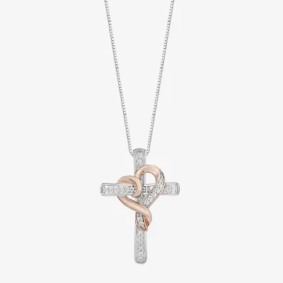 Cross (I, I2) Womens 1/8 CT. T.W. Lab Grown White Diamond 14K Rose Gold Over Silver Sterling Silver Cross 18 Inch Pendant Necklace