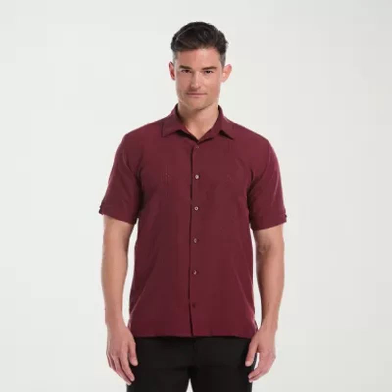 Cubavera Argyle Embroidery Panel Mens Short Sleeve Regular Fit Button-Down Shirt