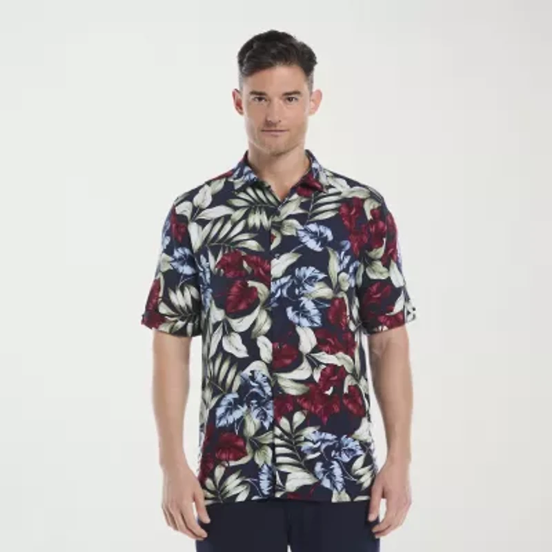 Cubavera Textured Floral Print Mens Short Sleeve Regular Fit Button-Down Shirt