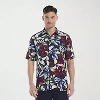Cubavera Textured Floral Print Mens Short Sleeve Regular Fit Button-Down Shirt