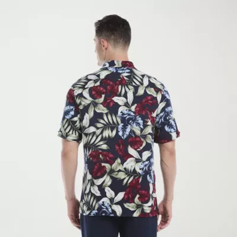 Cubavera Textured Floral Print Mens Short Sleeve Regular Fit Button-Down Shirt