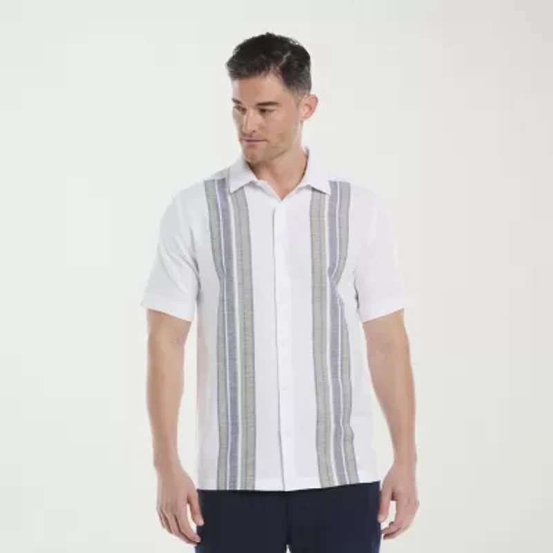 Cubavera Yarndye Linen Blend Panel Mens Short Sleeve Regular Fit Button-Down Shirt