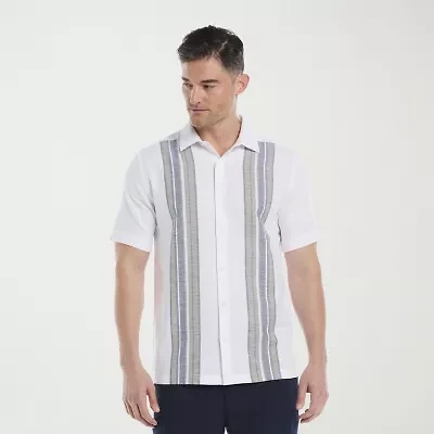 Cubavera Yarndye Linen Blend Panel Mens Short Sleeve Regular Fit Button-Down Shirt