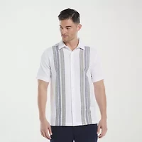 Cubavera Yarndye Linen Blend Panel Mens Short Sleeve Regular Fit Button-Down Shirt