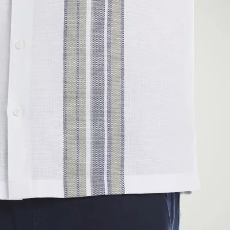 Cubavera Yarndye Linen Blend Panel Mens Short Sleeve Regular Fit Button-Down Shirt